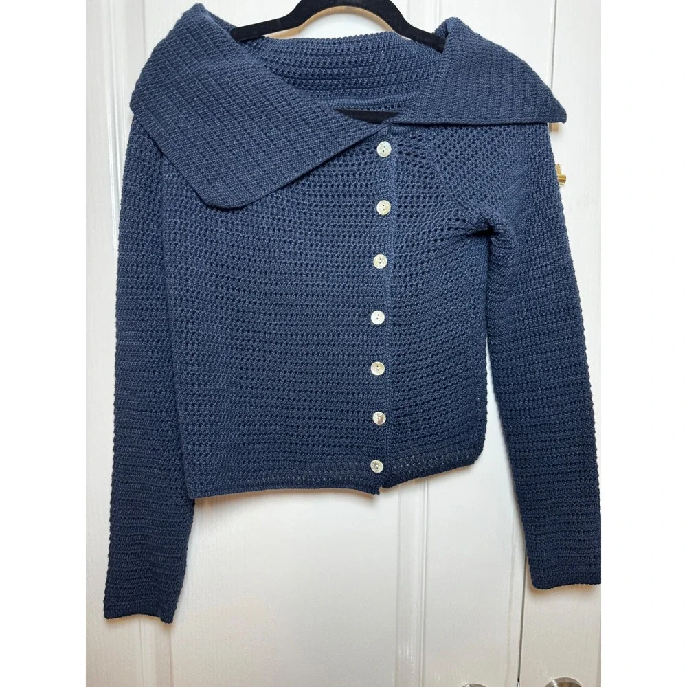 Commense Navy Blue Crochet Knit Asymmetrical Button Off Shoulder Cardiga